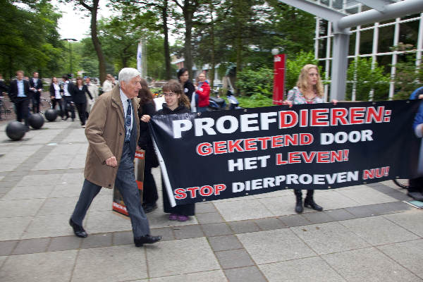\"Nijmegen, 19-5-2011 . Dies Natalis RUN. Gasten waaronder van Agt van de universiteit komen aan bij de aula terwijl dieractivisten een protestactie houden tegen dierproeven\"