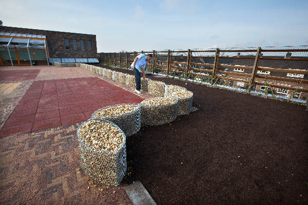 \"Nijmegen, 3-2-2011 . Willemsweg, voorzieningenhart Nieuw gemeenschapsgebouw, Dakterras-\"