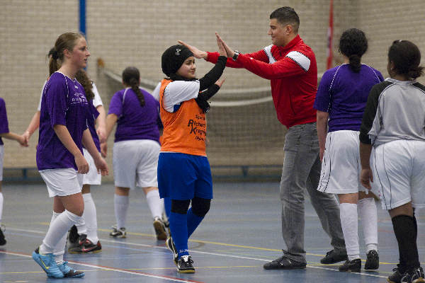 \"Nijmegen, 19-2-2012 . Said Achouitar: Futsal Chabbab, buurtbattle Meyhorst, Allochtone meisjes voetballen\"