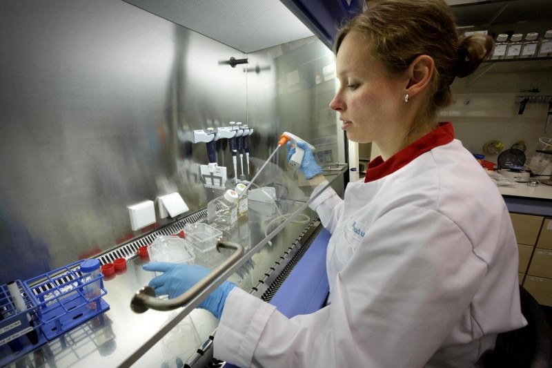 Marieke Hasselman en Lisanne van Oppen op de achtergrond. Weefselkweek ivm nieronderzoek, Radboud UMC, researchtoren, nier. Nijmegen, 13-10-2014 . dgfoto.