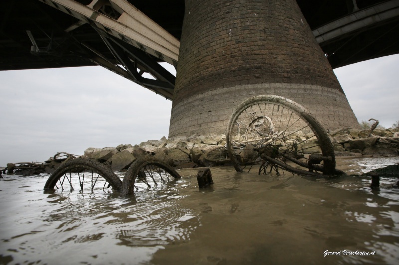 Extreem laag water, tweede pijler Waalbrug helemaal droog.Er liggen daar wel 10 fietsen.. Nijmegen, 11-11-2015 .