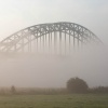 Mist over de Waal en Brug en Stevenskerk. Nijmegen, 29-8-2013 . dgfoto.