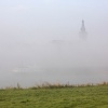 Mist over de Waal en Brug en Stevenskerk. Nijmegen, 29-8-2013 . dgfoto.