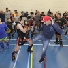 In Hatert krijgen probleemjongeren (of noem ze straatjongeren) vanmiddag kickboxles van twee kickboxkampioenen. Is een beloning voor hun deelname aan een sport (box) programma van een jongerenwerker van Tandem, die ook kickboxtrainer is.. Nijmegen, 7-12-2014 . dgfoto.