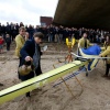 Wilma de Koning, cvb RUN doopt de nieuwe boot van Phocas roeivereniging in de Nevengeul tijdens openingsdingen rivierenpark. Nijmegen, 28-3-2016 .